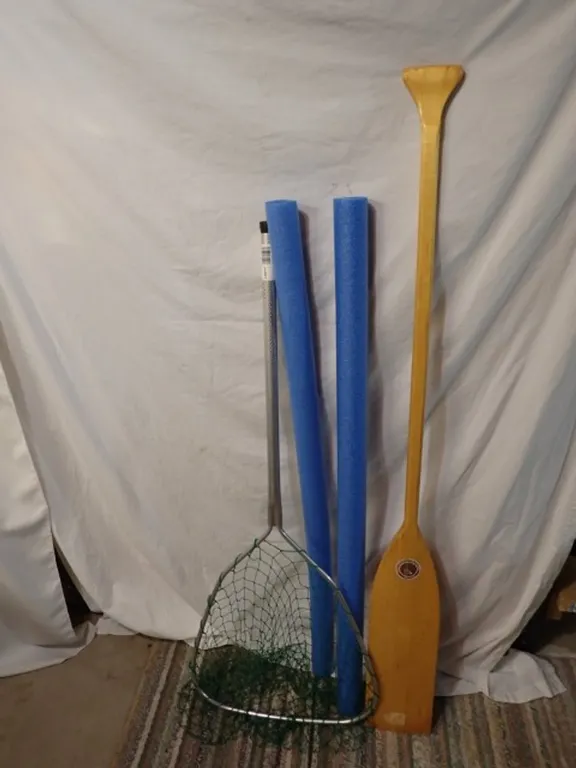 Wooden Paddle, Fishing Net & Pool Noodles