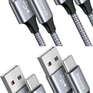 4 New Baiwwa USB-A to USB-C 3ft Long Fast Charging Cables, Nylon Braided [2 Packs of 2]