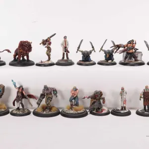 Fifteen painted tabletop war gaming figures, possibly Malifaux, but not confirmed. Some metal and so
