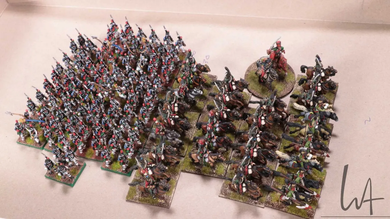 Large selection of what appears to be 15mm French Chasseur a Cheval and marching Napoleonic infantry