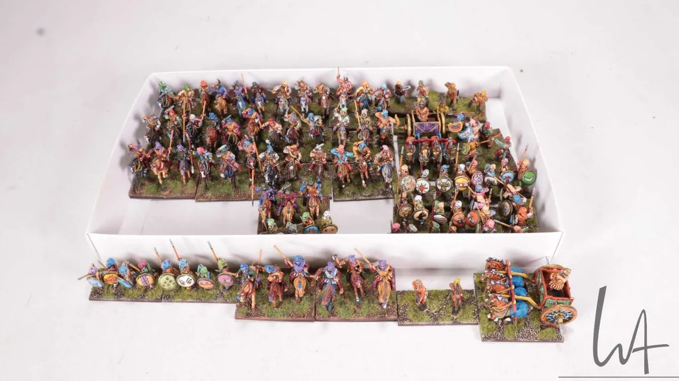 Large selection of what appears to be 15mm Dark Ages models including mounted horses, wagons, men wi