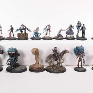 Fifteen painted tabletop war gaming figures, possibly Malifaux, but not confirmed.