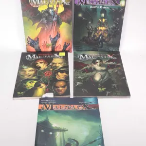 Five Malifaux gaming books including Storm of Shadows, Ripples of Fate, Broken Promises, Rising Powe