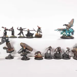 Fifteen painted tabletop war gaming figures, possibly Malifaux, but not confirmed. Some metal, some 