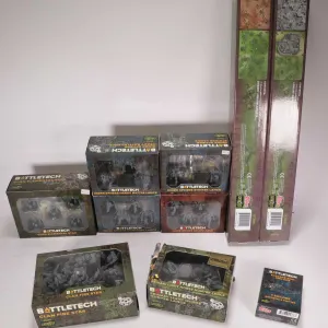 Selection of Battletech boxed paintable gaming figures and two Battlemats