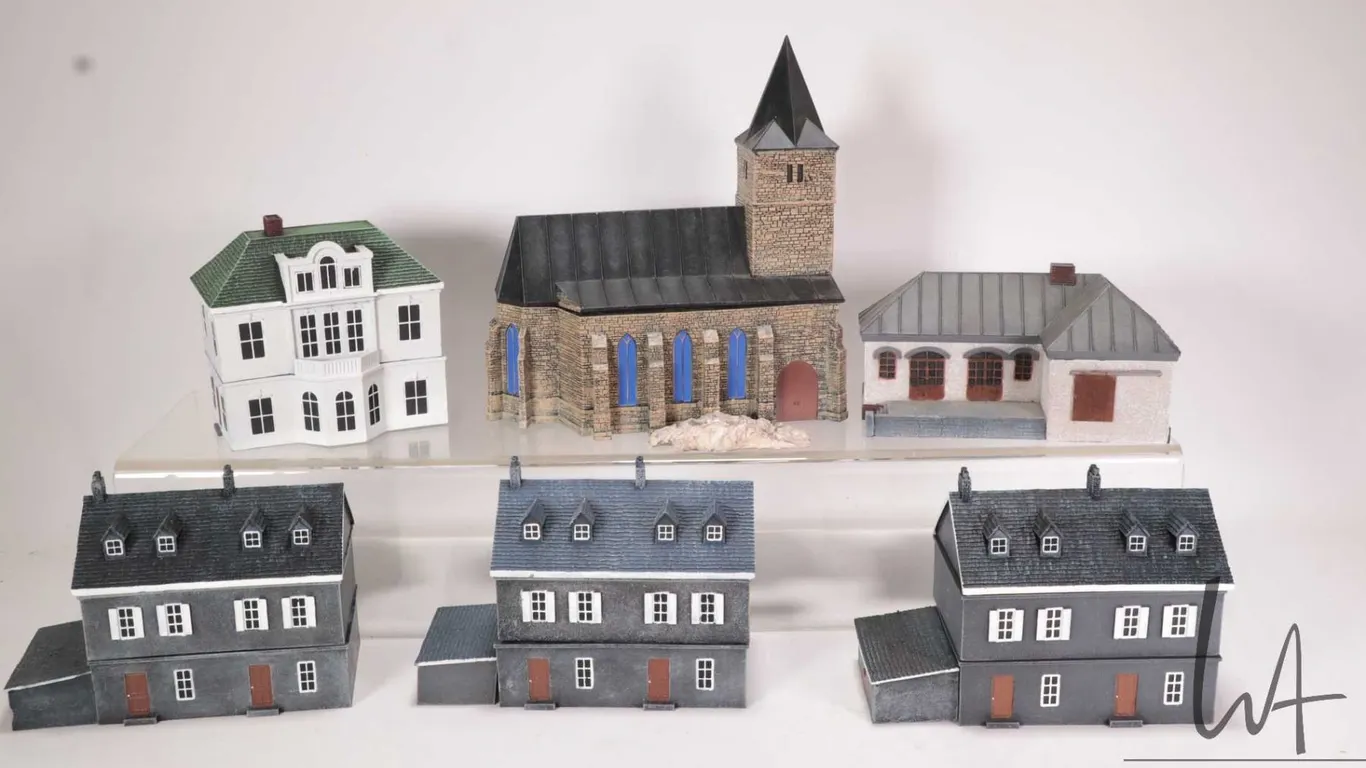 Six resin European buildings for gaming including Medieval church etc.
