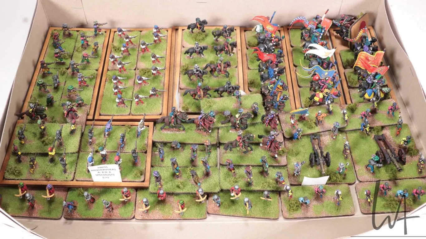 Large selection of what appears to be 15mm Middle Ages figues including Swiss Arquebusiers, Mtd. XBo