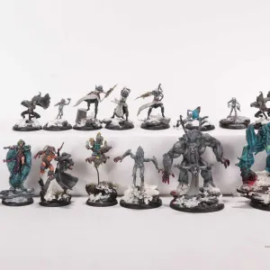 Fifteen painted tabletop war gaming figures, possibly Malifaux, but not confirmed.