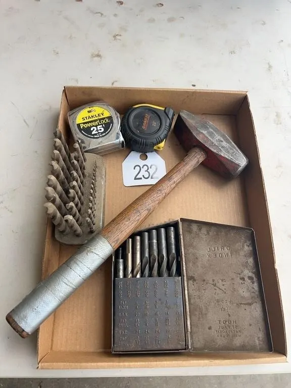(2) Tape Measurers, (2) Drill Bit Sets, Hammer