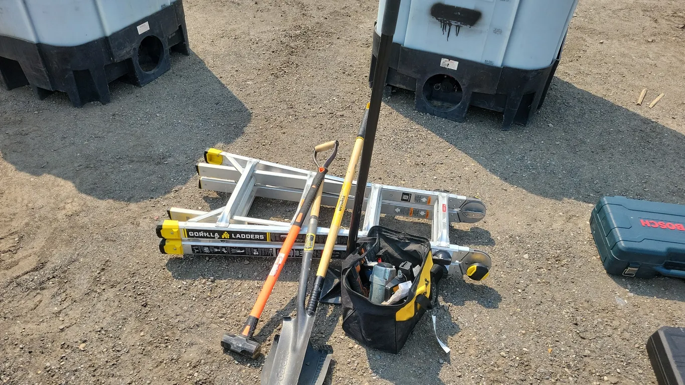 Gorilla ladder, bag of 4 nail guns, shovel ,spade ,sledgehammer