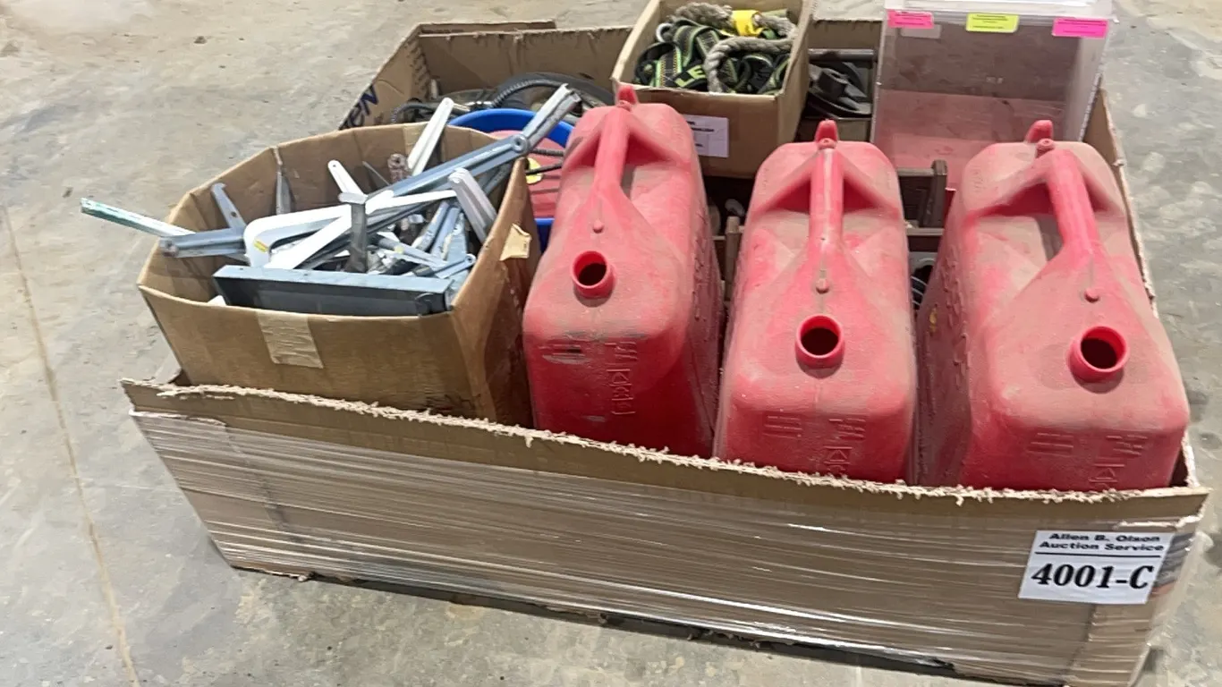 3 - GAS CANS, SHELF BRACKETS, PULLEYS, WHEELS, TANK HEATER, LOTTERY BOXES, COMPLETE SAFETY HARNESS