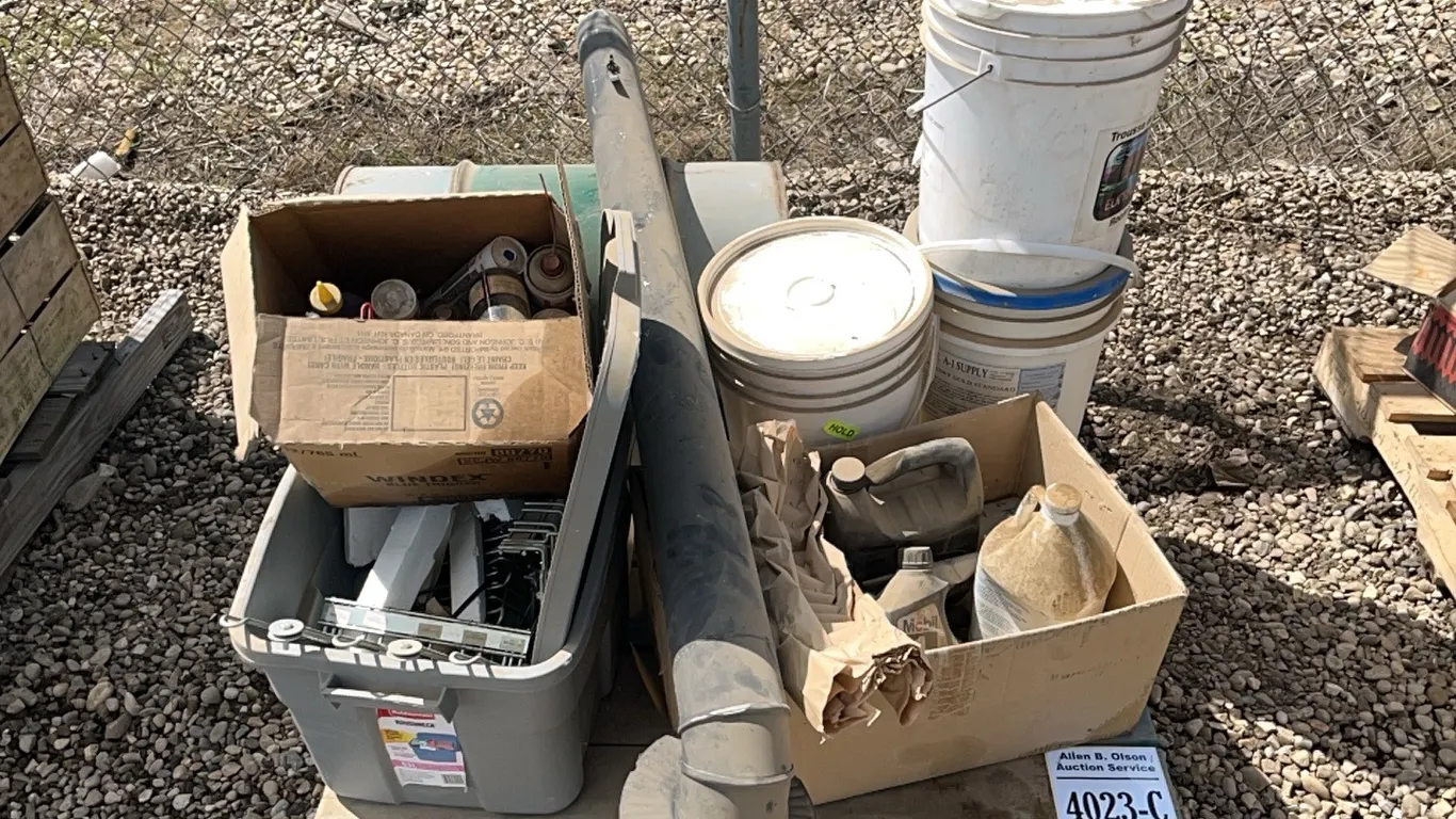 ASSORTED CHEMICALS, CHIMNEY PIPE, WIRE PEG BOARD HOOKS, BARREL PUMP w/ EMPTY BARREL, ROOFING KIT, PAIL OF LAUNDRY SOAP, PAIL OF DEODORANT