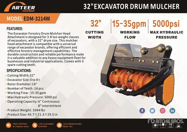 2026 ARTEER EDM-3214W 32 in Excavator Drum Mulcher - Fits 3 - 8 ton (Unused)