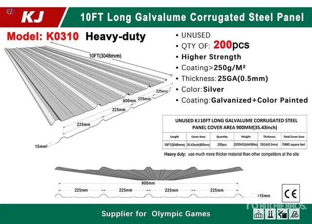 Quantity of (200) 2026 KJ K0310 3 ft x 10 ft Galvalume Corrugated Steel Panels Steel Plates (Unused)