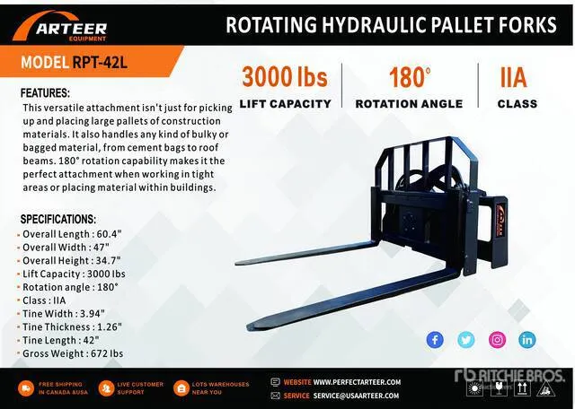 2026 ARTEER RPT-42L 60 in Rotating Hydraulic Skid Steer Forks (Unused)