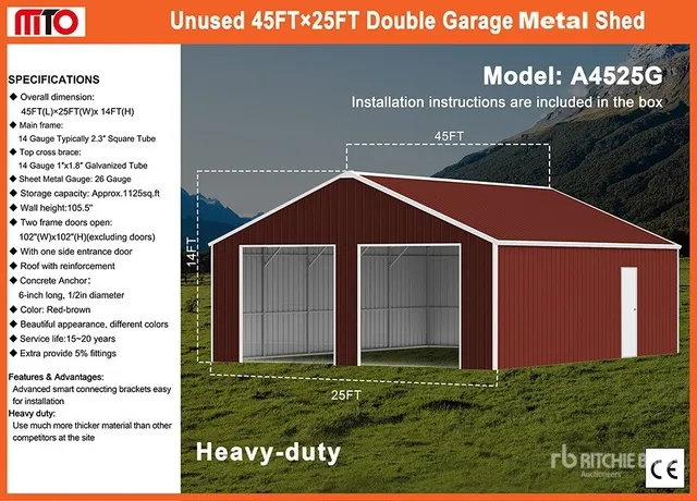 2026 MTO A4525G 25 ft x 45 ft Double Garage Metal Storage Building (Unused)