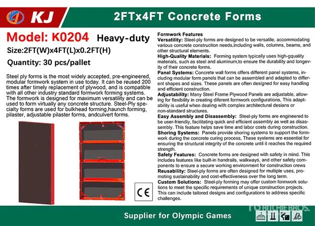 Quantity of (30) 2026 KJ K0204 2 ft x 4 ft Steel Frame Concrete Forms (Unused)