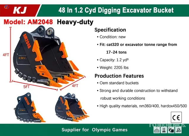2026 KJ AM2048 48 in 1.2 cyd Digging Excavator Bucket - Fits Cat 320 / 17 - 24 ton (Unused)