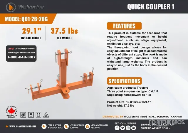 2026 Wolverine QC1-26-20G Quick Coupler 1 3-Point Hitch (Unused)