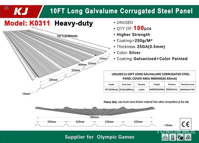 Quantity of (100) 2026 KJ K0311 Galvalume Corrugated Steel Panels (Unused)