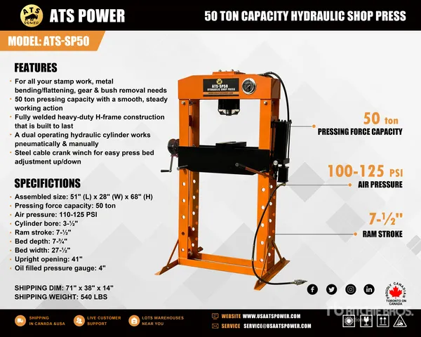 2026 ATS POWER ATS-SP50 50 ton Hydraulic Shop Press (Unused)