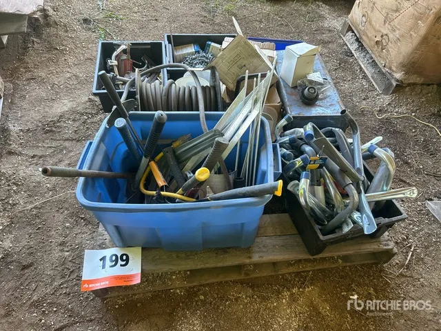 Quantity of Assorted Hardware, Fasteners, Air Hose Reel, Stakes, Hammer & Shop Supplies