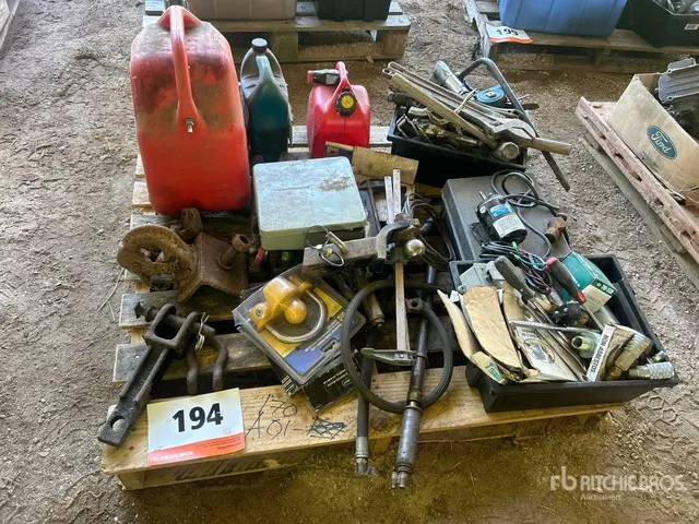Quantity of Assorted Shop Tools, Fuel Cans, Hitch Parts, Measuring Tools & Hydraulic Fittings