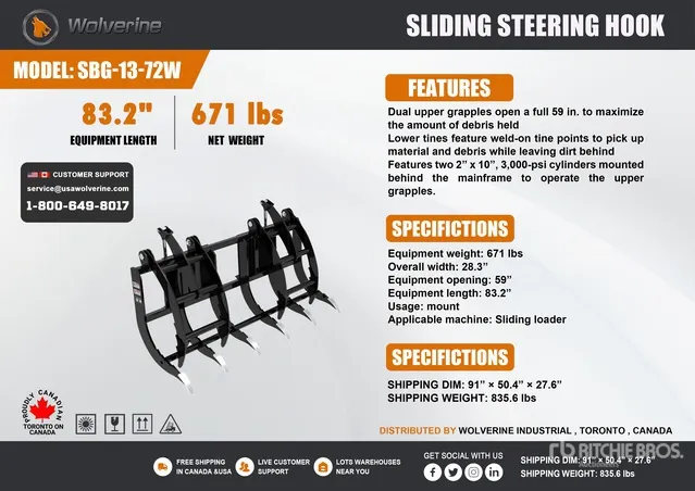 2026 Wolverine SBG-13-72W 72 in Brush Skid Steer Grapple (Unused)
