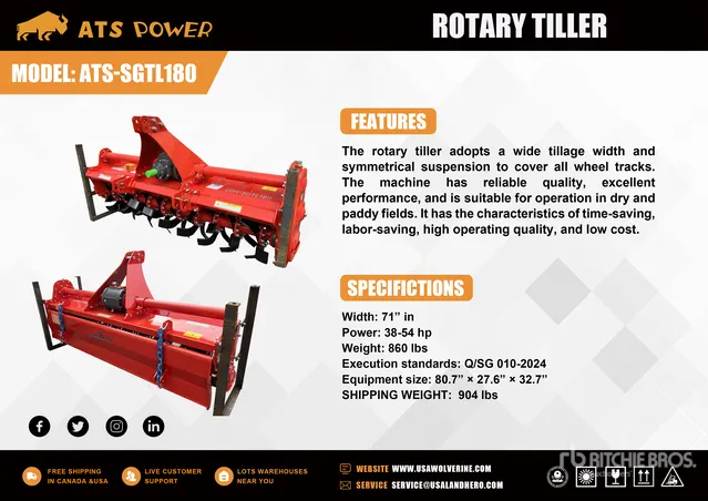 2026 ATS POWER ATS-SGTL180 71 in 3-Point Hydraulic Rotary Tiller (Unused)