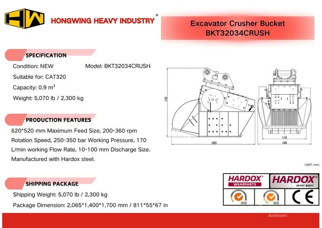 2026 HW BKT32034CRUSH 34 in 0.9 m3 Excavator Crusher Bucket - Fits Cat 320 (Unused)
