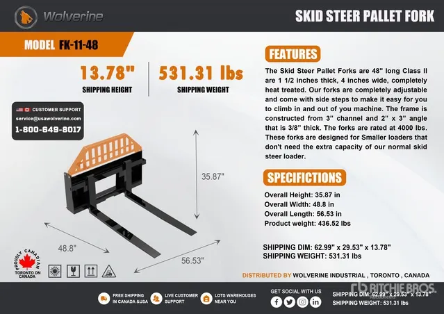 2026 Wolverine FK-11-48W 48 in Skid Steer Forks (Unused)