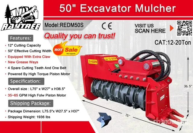 2026 Raytree REDM50S 50 in Excavator Mulcher - Fits Cat 12 - 20 ton (Unused)