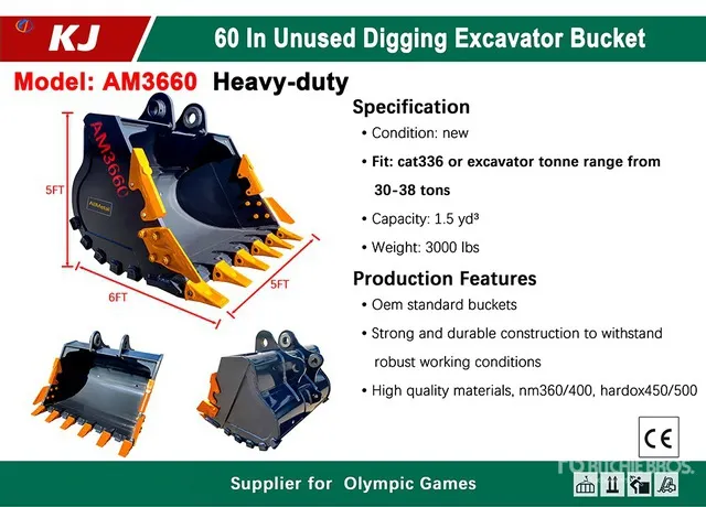 2026 KJ AM3660 60 in 1.5 cyd Digging Excavator Bucket - Fits Cat 336 / 30 - 38 ton (Unused)