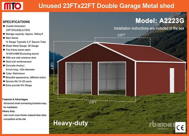 2026 MTO A2223G Double Garage Metal Storage Building (Unused)