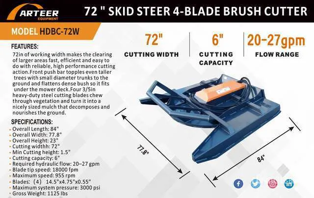 2026 ARTEER HDBC-72W 72 in Skid Steer Brush Cutter (Unused)