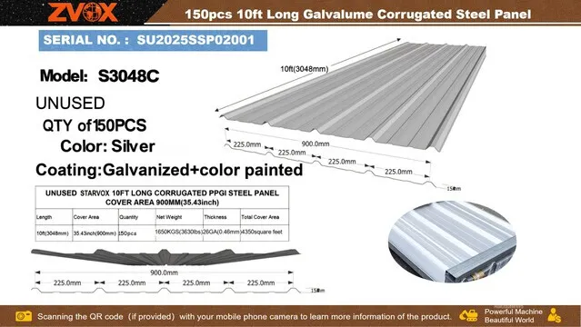 Quantity of (150) 2026 ZVOX S3048C 3 ft x 10 ft Galvalume Corrugated Steel Panels (Silver) (Unused)