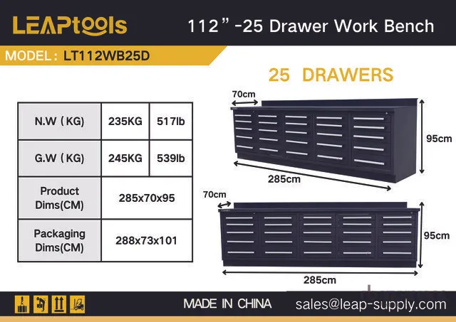2026 LEAPtools LT112WB25D 2850 mm 25-Drawer Workbench (Unused)