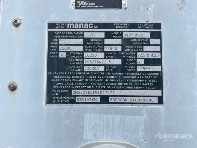 1997 Manac 53 ft x 102 in T/A Van Trailer