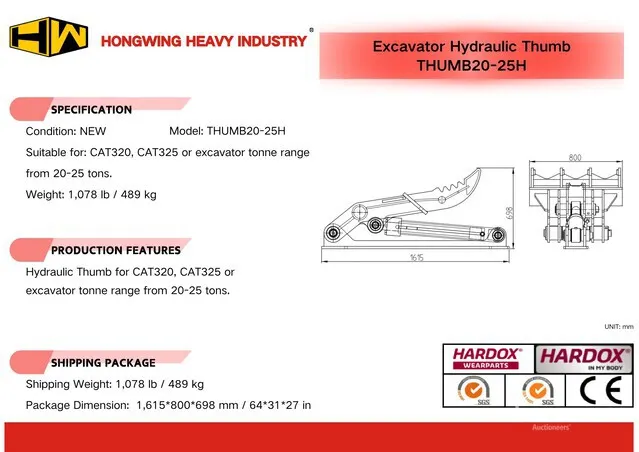 2026 HW THUMB20-25H 30 in Hydraulic Excavator Thumb - Fits Cat 320, 325 / 20 - 25 ton (Unused)