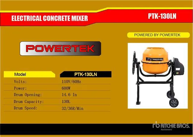 2026 Powertek PTK-130LN Electric Portable Concrete Mixer (Unused)