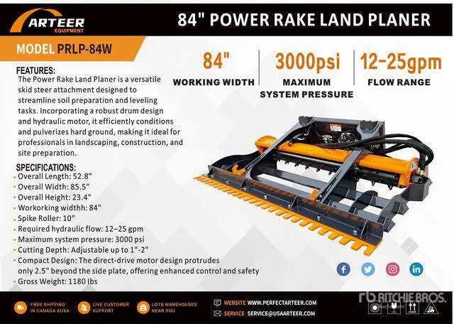 2026 ARTEER PRLP-84W 84 In Power Rake Skid Steer Landplane (Unused)