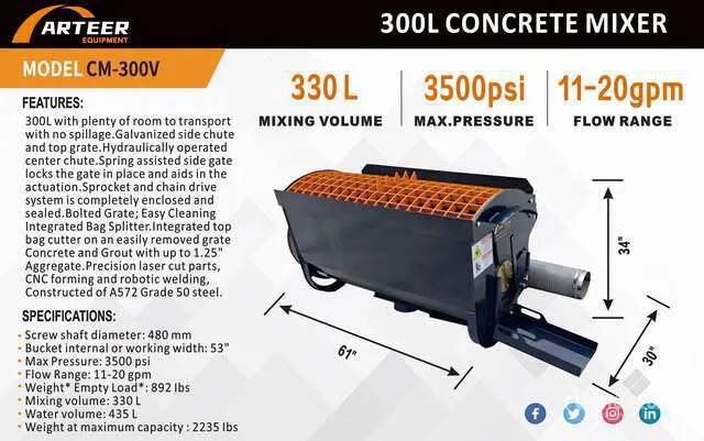2026 ARTEER CM-300V Skid Steer Concrete Mixer (Unused)