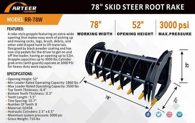 2026 ARTEER RR-78W 78 in Skid Steer Root Rake (Unused)
