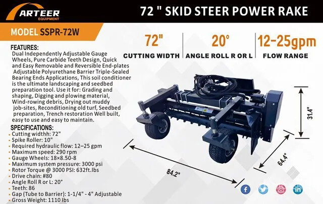 2026 ARTEER SSPR-72W 72 in Skid Steer Power Rake (Unused)
