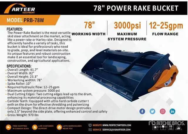 2026 ARTEER PRB-78W 78 In Power Rake Skid Steer Bucket (Unused)