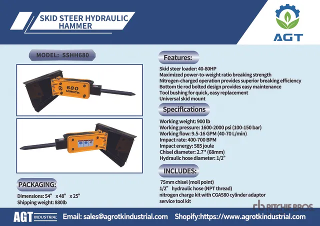 2026 AGT SSHH680 Skid Steer Breaker (Unused)