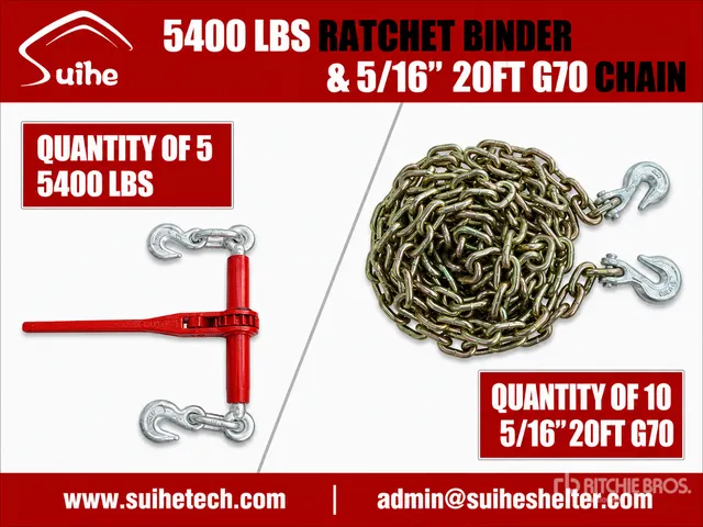 Quantity of (5) 2026 Suihe BC-5400 5400 lb Ratchet Binders & (10) 20 ft Chains (Unused)