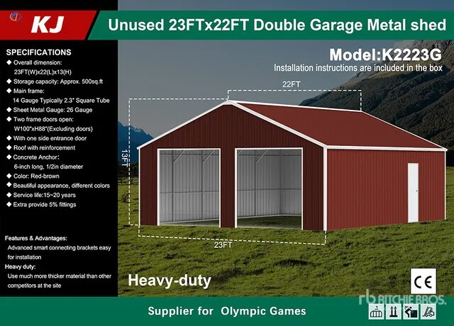 2026 KJ K2223G 23 ft x 22 ft Double Garage Metal Storage Building (Unused)