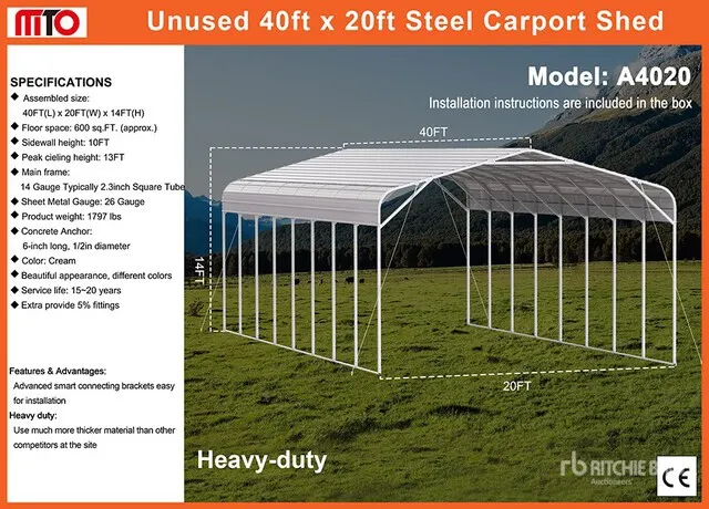2026 MTO A4020 20 ft x 40 ft Carport (Unused)