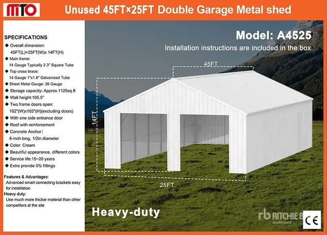 2026 MTO A4525 25 ft x 45 ft Double Garage Metal Storage Building (Unused)